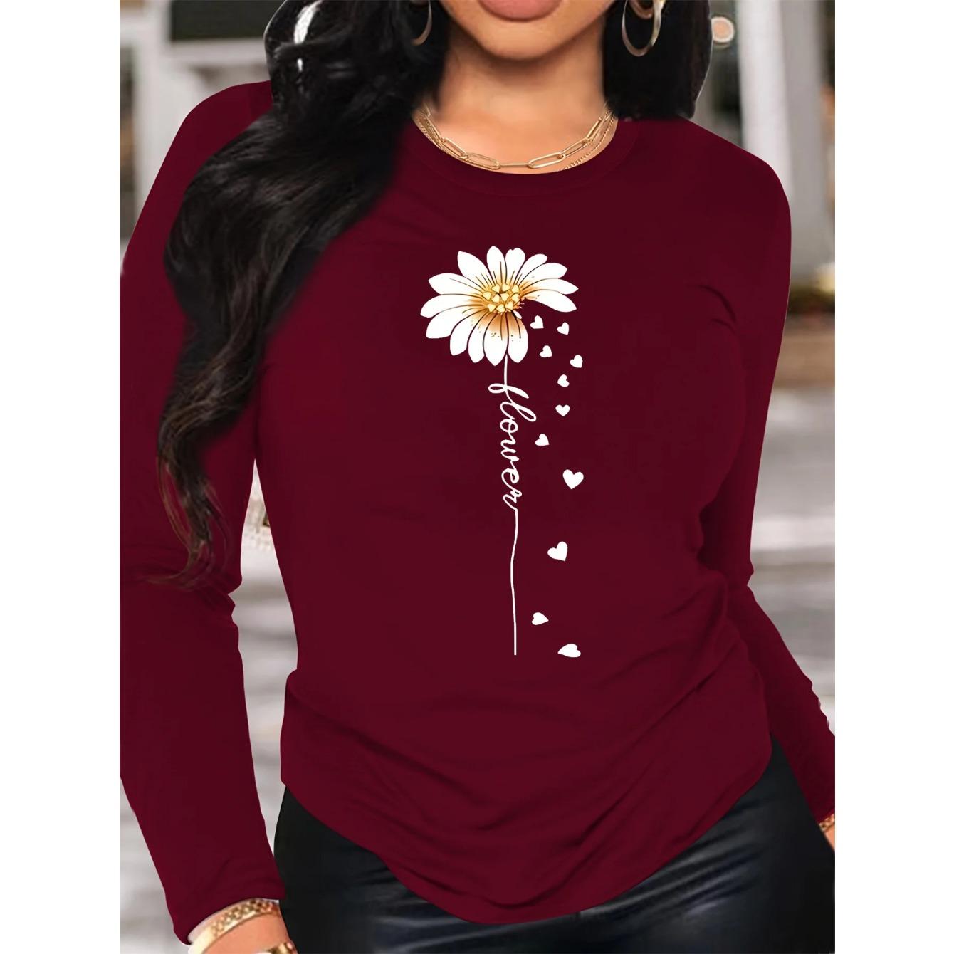

Women s Spring and Autumn Fashion Comfortable Long Sleeve White Sunflower Pattern 3D Printed Round Neck T-shirts 5XL