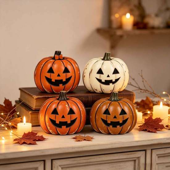 Retro Style Autumn Props 3/4Pcs Vintage Wooden Pumpkin Decor, Rustic Fall Tabletop Centerpiece, Farmhouse Table Decor Halloween Shelf Accent