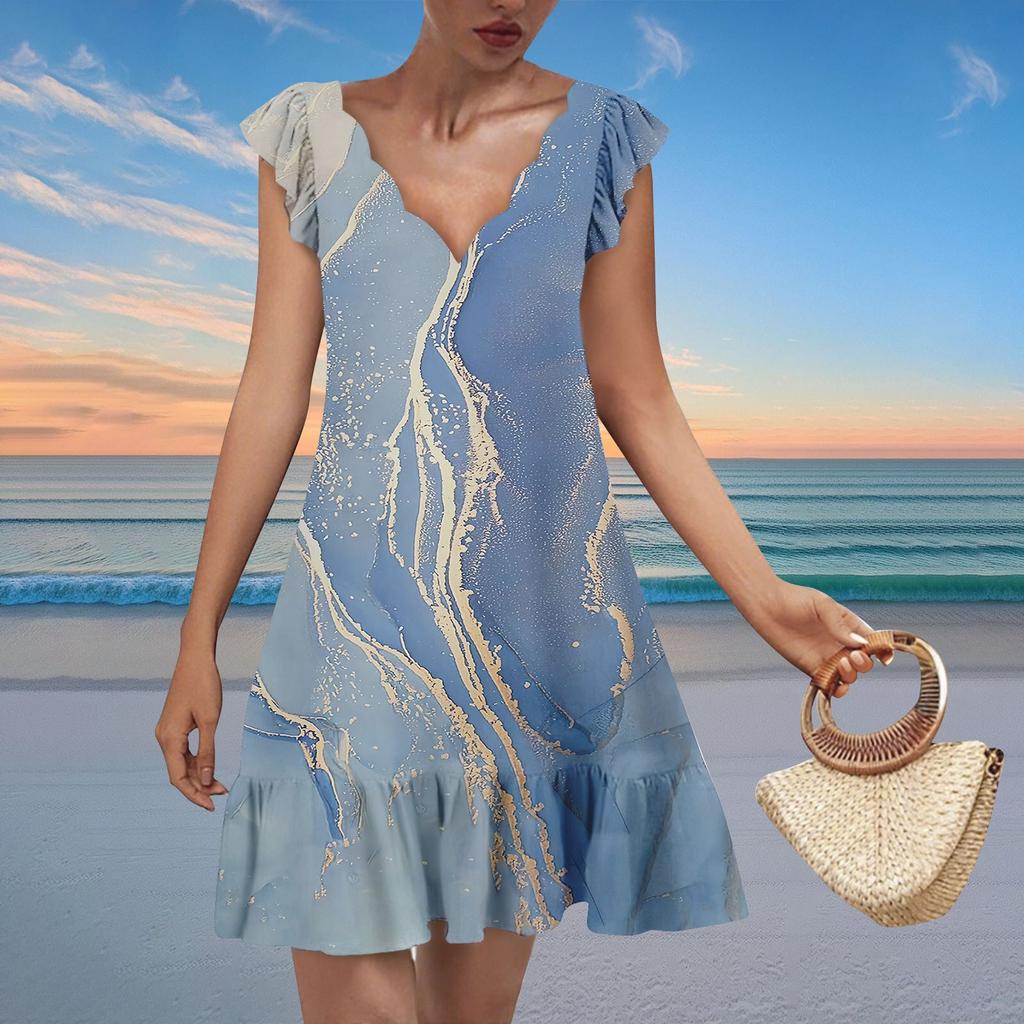 Women's Fashion Casual V Neck Wavy Edge Texture Print Short Sleeve Dress