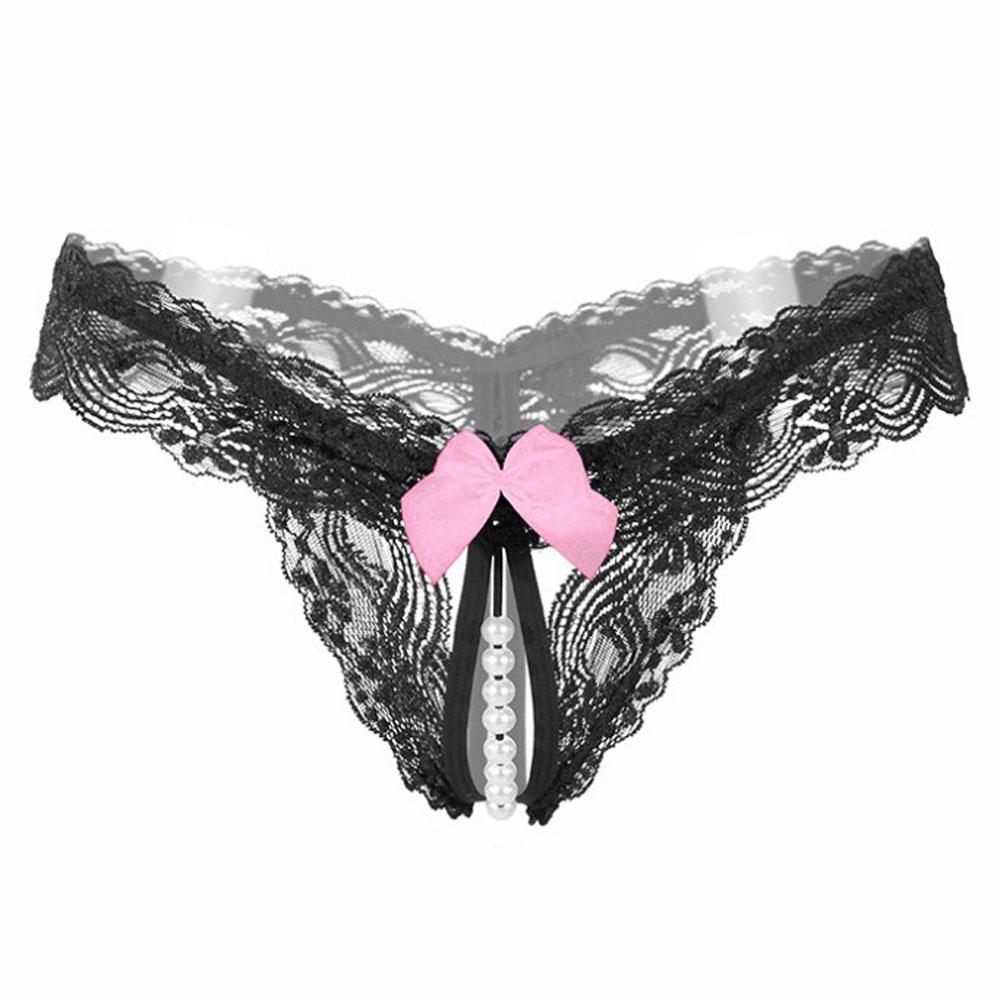 Hot Sexy Open Crotch Thongs G-String Lingerie Women Sexy Crotchless Panties Bowknot Pearls Lace Underwear Nightwear G-string