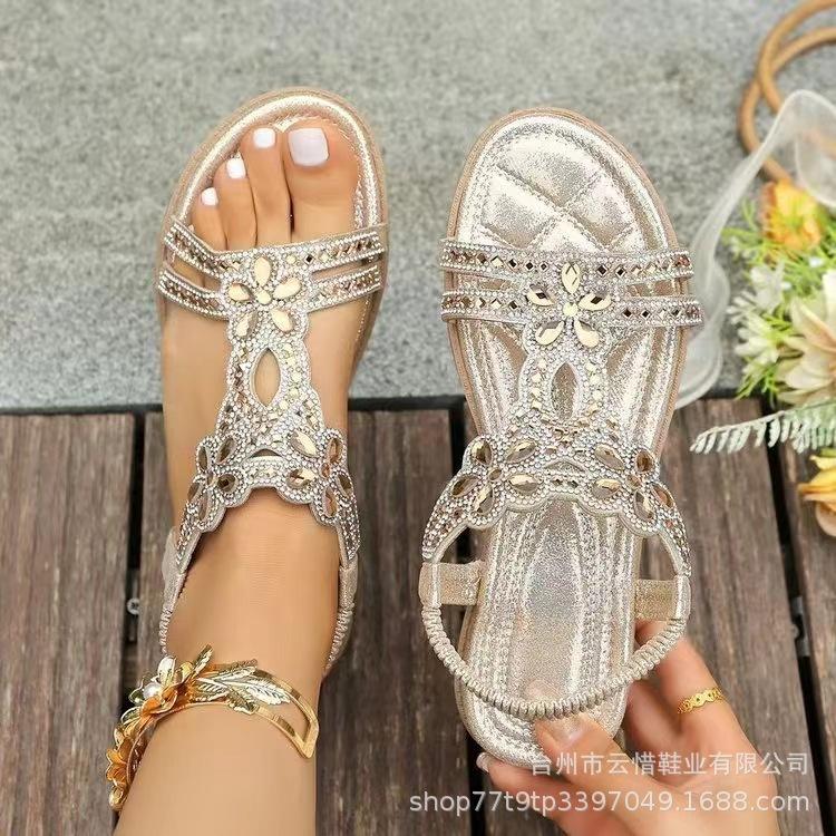 Mode Übergröße 36-46 Damenschuh Strass Flache Sandalen Gummiband Strandschuhe für Frauen Mode Lässig Offene Zehen Sandalias De Mujer