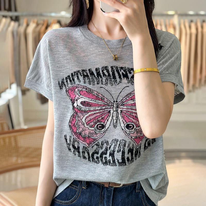 

Tianshi Bamboo Joint Gauze Round Neck Short Sleeve Women s Summer New Butterfly Sweater Loose Fashion Top for Women One size
