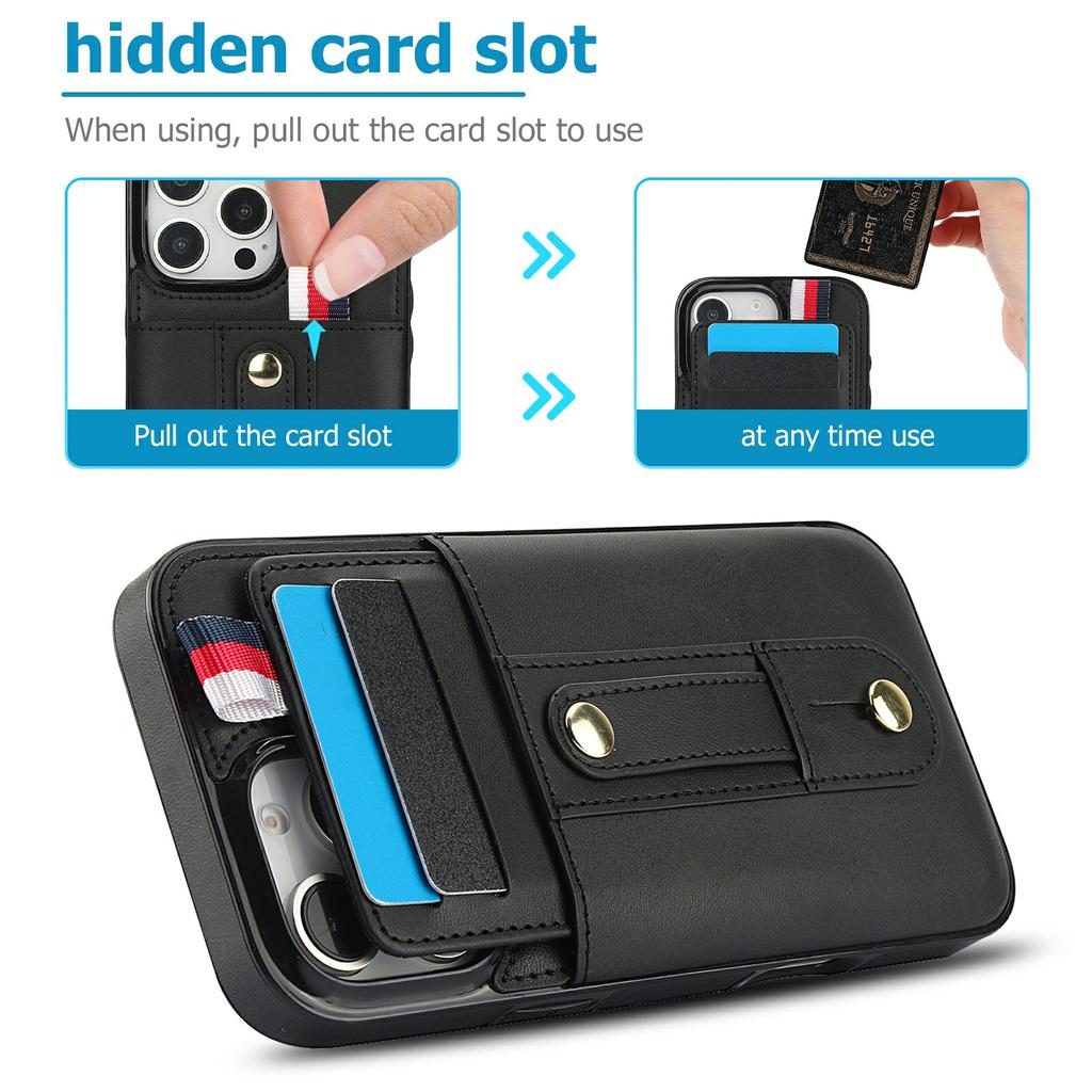 For iPhone 16 Pro Max Case PU Leather+TPU Hidden Card Holder Drop-proof Phone Cover with Kickstand