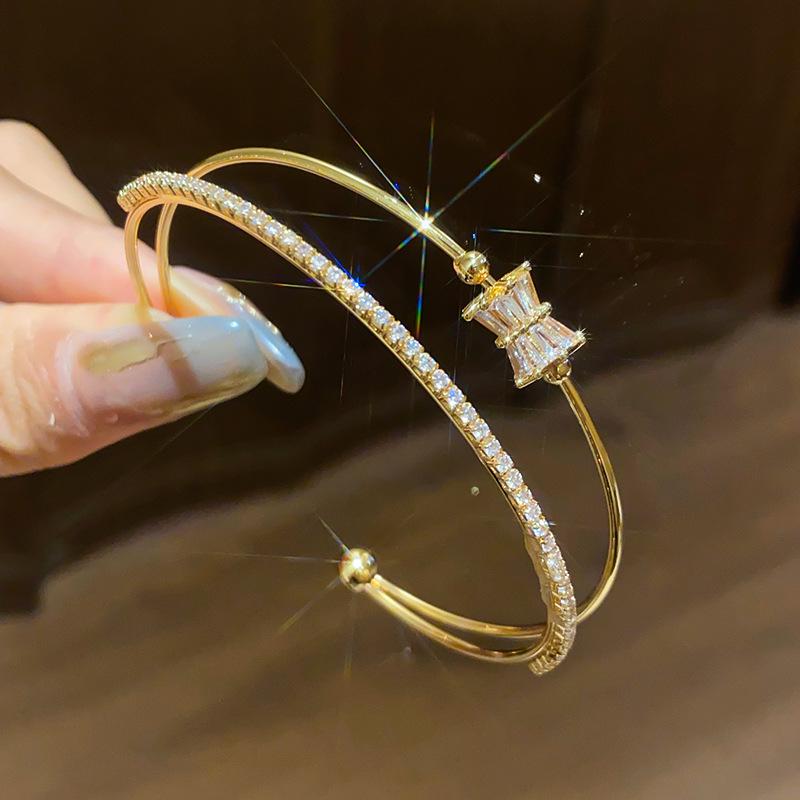 Korean Zircon Round Open Bangle - Elegant and Versatile Women's Jewelry
