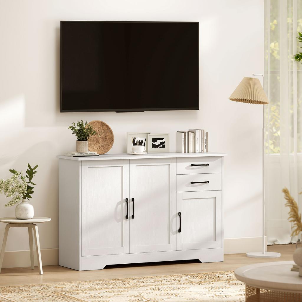 Aparador com 2 Gavetas Armário de Armazenamento Moderno, Armário de Cozinha com Prateleira Ajustável e 3 Portas Branco