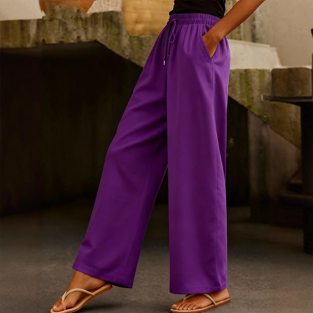 Damen Modische Einfarbige Elastische Taille Tasche Kordelzug Gerades Bein Lässige Hose