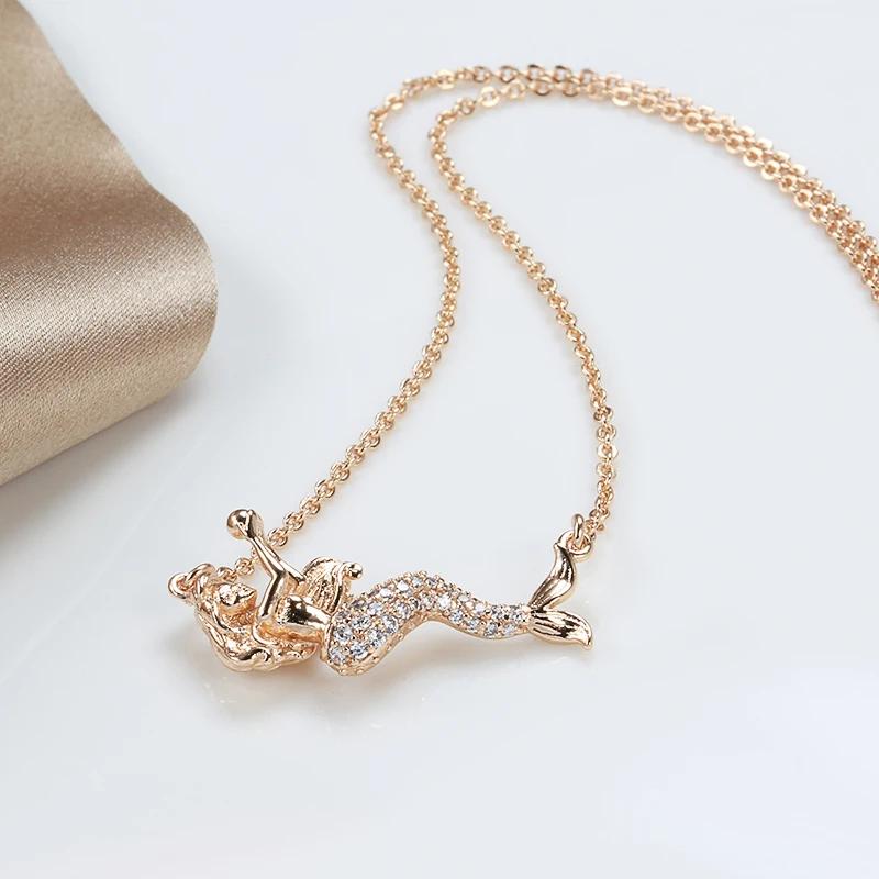 Exquisite Rose Gold Color Mermaid Pendant Necklaces For Women Shiny Natural Zircon Accessories Daily Fine Jewelry