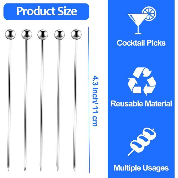20Pcs Cocktail Picks Stainless Steel, 4 Inch Reble Metal Cocktail Skewers Olive Martini Pick, for Appetizers Bloody Mary Drink Decor, Silver