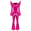 Tuta Disco Metallizzata Lucida da Donna Manica Lunga Vita Alta Zip Frontale Fondo a Zampa Romper Abbigliamento da Club