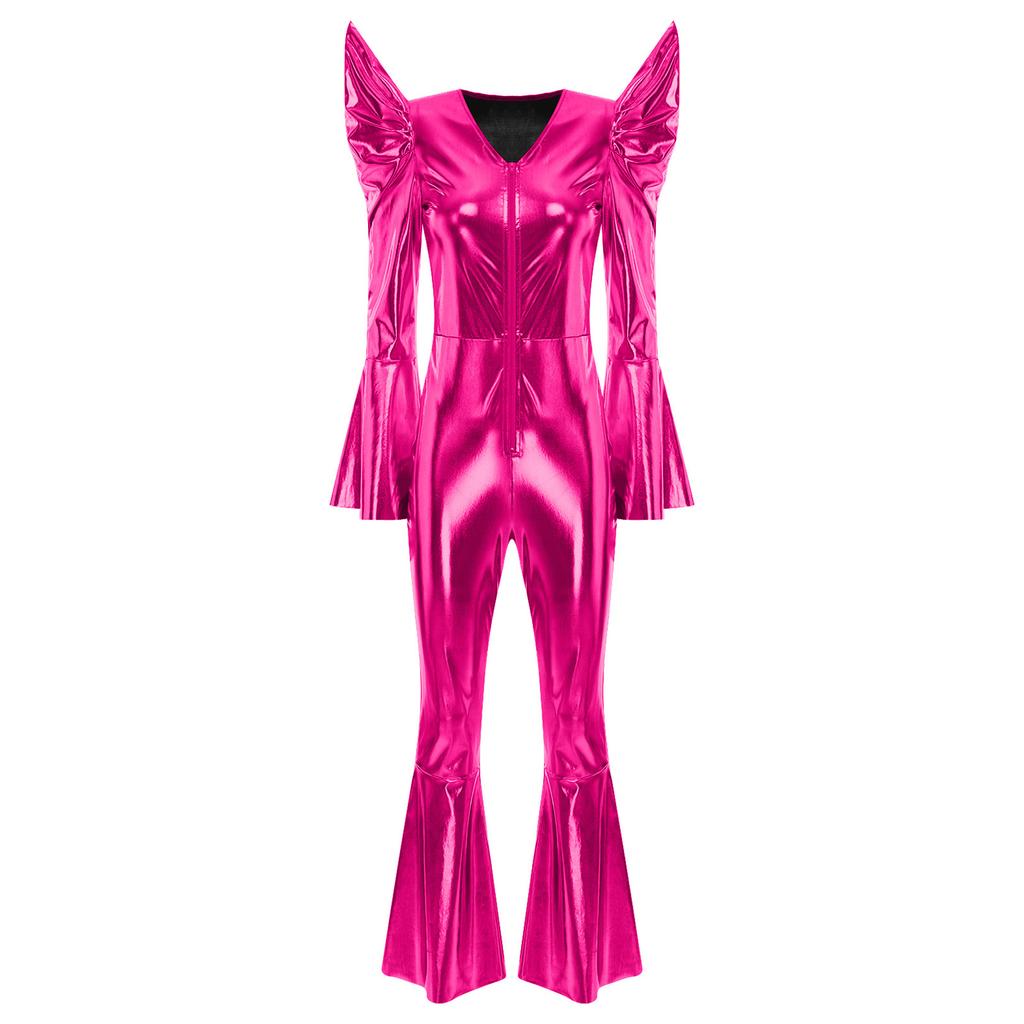 Tuta Disco Metallizzata Lucida da Donna Manica Lunga Vita Alta Zip Frontale Fondo a Zampa Romper Abbigliamento da Club