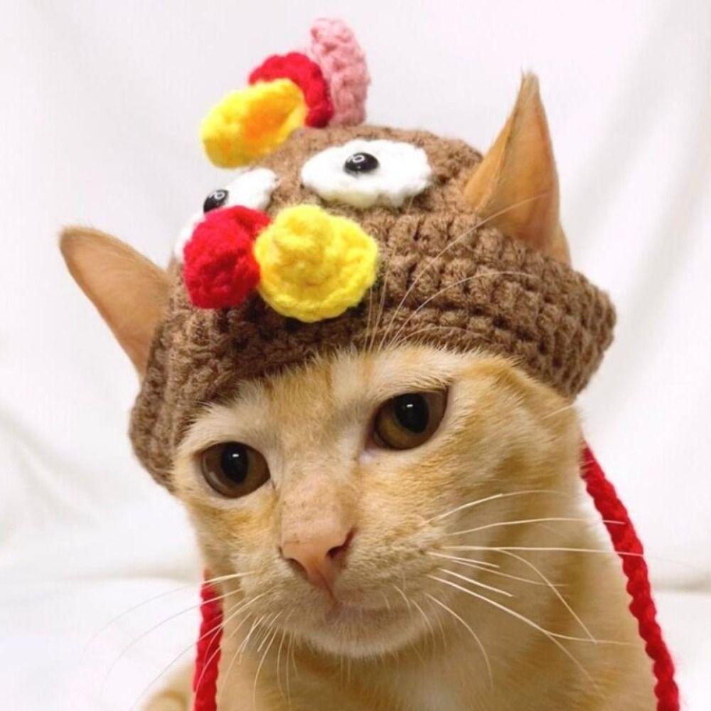 Elastic Cat Turkey Hat Cartoon Cat Cosplay Headwear Cute Pet Knitted Hat  For Cats Puppy
