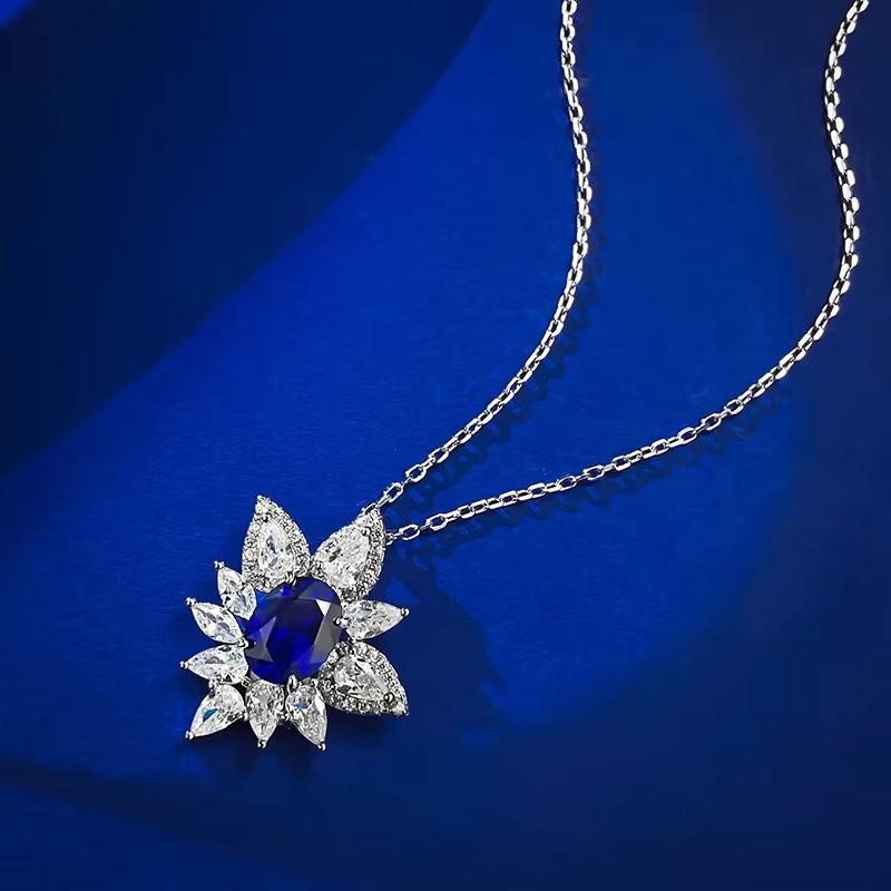 New S925 Silver Style 2 Carat Blue Luxury Set With 5A Zircon Full Necklace Fashion Versatile Jewelry