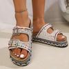Summer New Thick-soled Hemp Rope Double-buckle Rhinestone Cork Beach Slippers Large Size Colored Women's Shoes