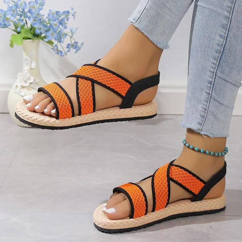 

Fashion Ladies Shoes on Offer Fashion Open Toe Women s Sandals Summer Elastic Band Casual New Plus Size Color Matching Light Flat Sandal 35