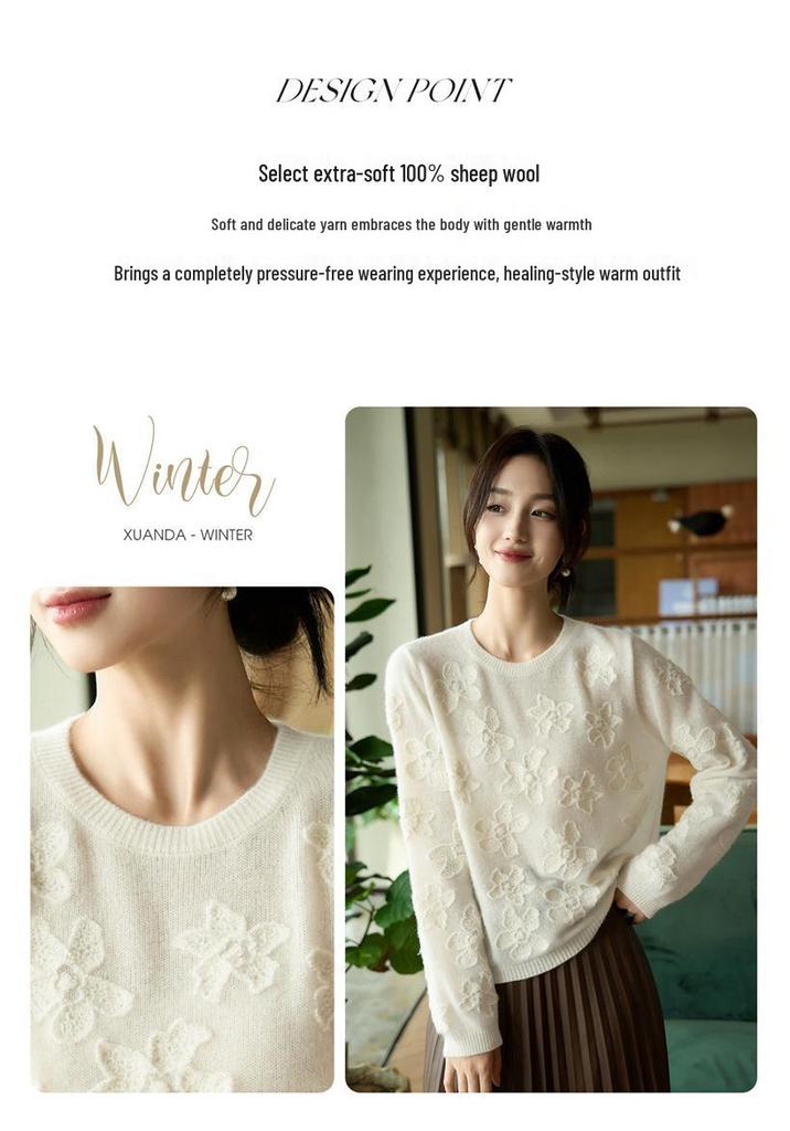 2025 Autumn/Winter Women's Embroidered Knit Wool Sweater - Round Neck, Loose Fit, Long Sleeve, Comfortable Top