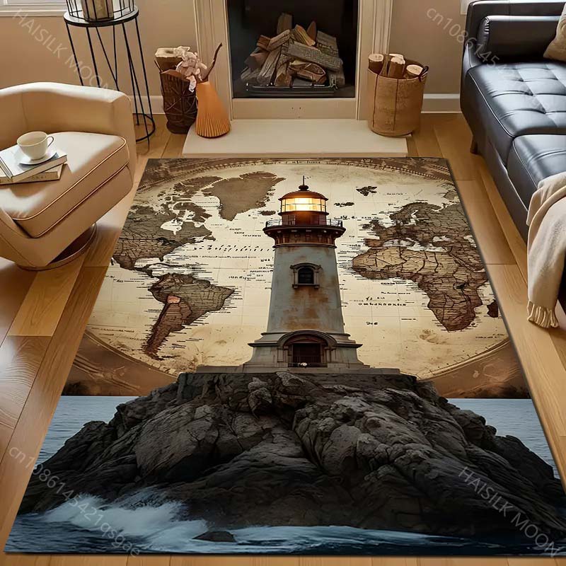 

Ковер с рисунком маяка и карты мира для спальни, гостиной, прикроватный, под диван, напольный коврик, современный домашний декор, ковер, большой размер 40x60cm (16x24in)