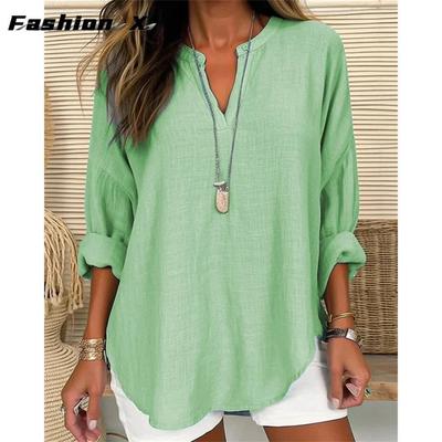 Camicia da donna in cotone e lino con scollo a V, taglia grande, autunno e inverno