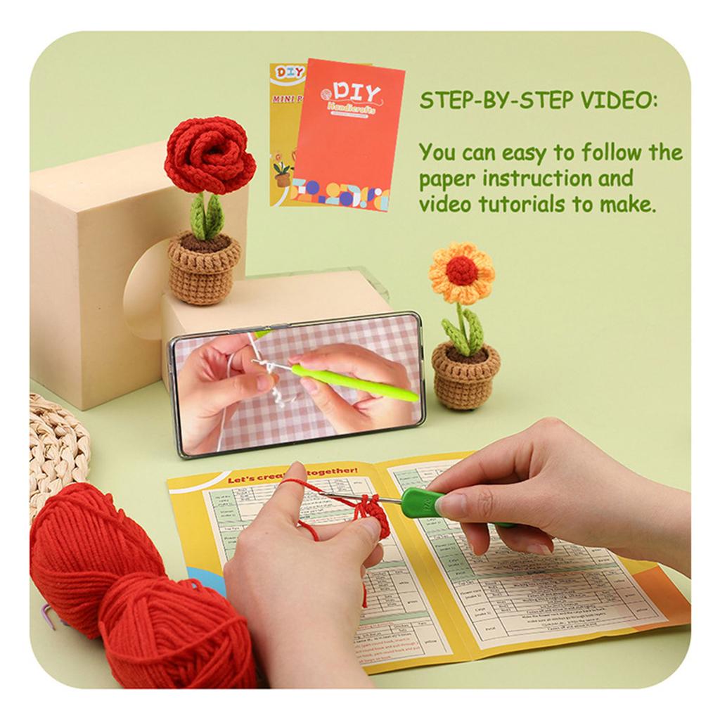 DIY Crochet Craft Set Crochet Potted Plant Kits with Crochet Hook, Yarns, Needle, Instructions, Accessories for Beginner