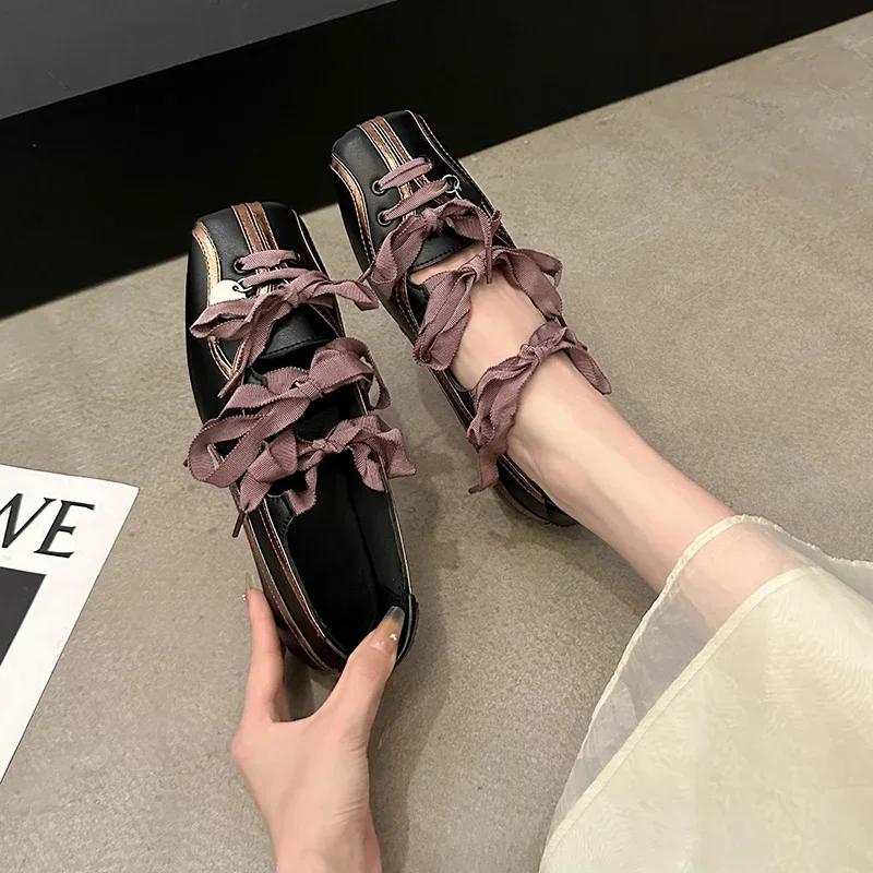 Fashion Women Ballet Flats Strappy Shoes Ballerina Splicing Pumps Bowknot Square Closed Toe Sandals Comfortable Low Heel Casual Sandals