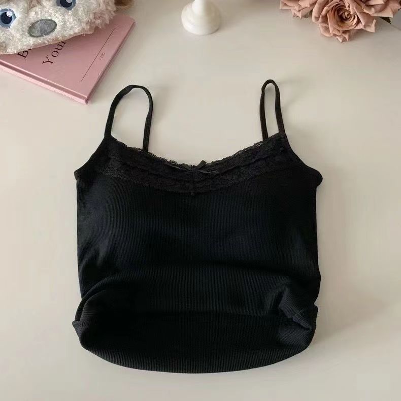 Women Camisole Tank Tops Sexy Bow Sleeveless Corset with Chest Pad Sweet Lace Patchwork Crop Tops Summer Slim Elegant Camis