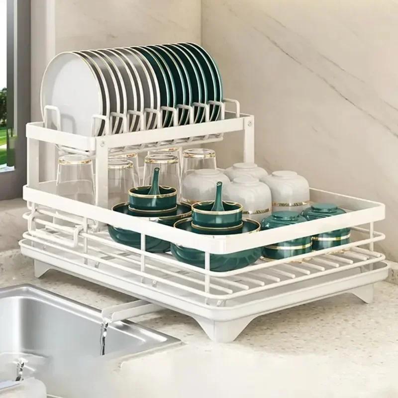 2-Tier Dish Drying Rack With Drainer Anti-Rust Kitchen Counter Tableware Drainboard Storage Organizer Supplies For Dishes