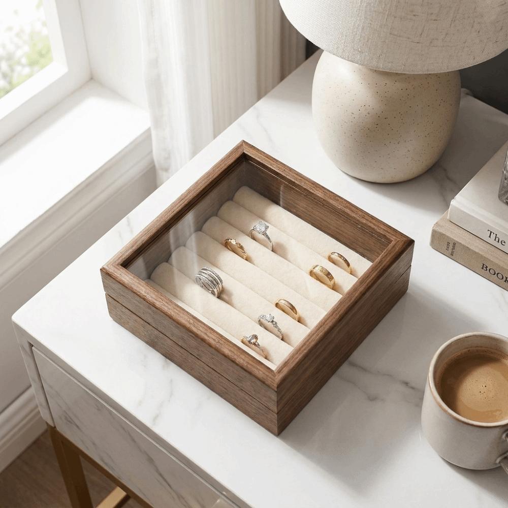 Glasdeckel Schmuckorganizer Samt-Innenleben Ringhalter Geschenk Holzschmuckschatulle Für den Heimgebrauch