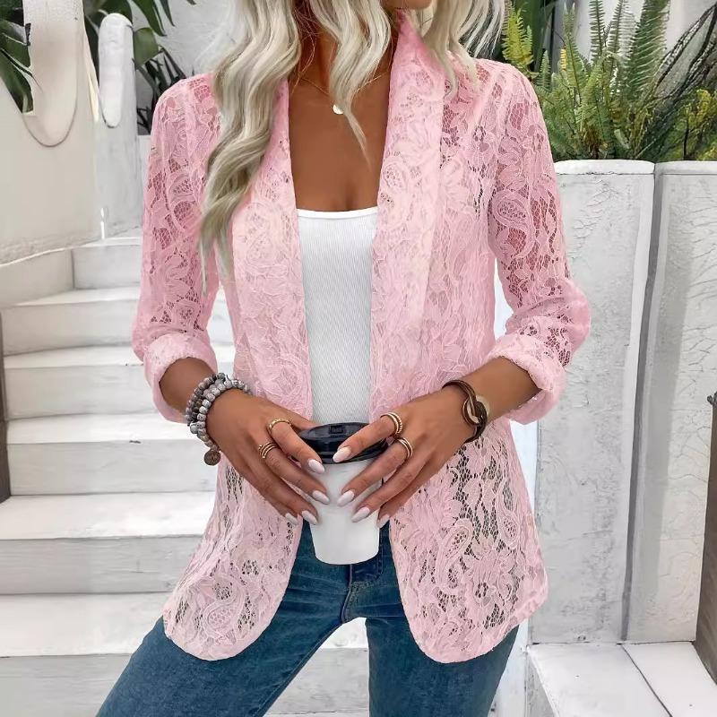 Lace Shirt Spring Summer Womens Versatile Solid Color Jacket Coats Long Sleeve Simple Hollow Design Fashion Versatile
