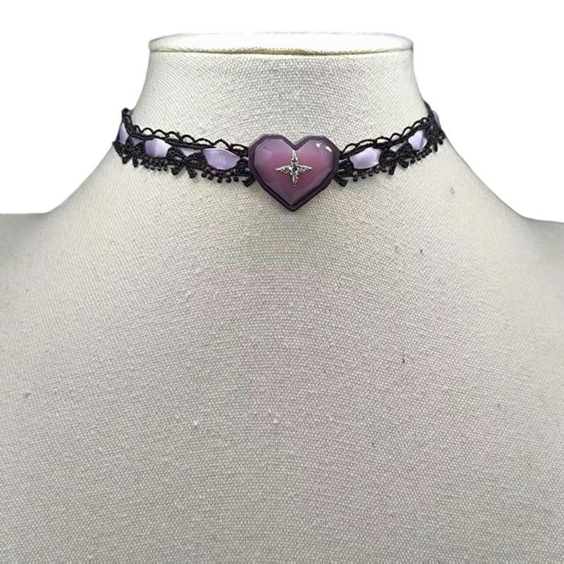 

Qianxi Genre Inspired Adjustable Necklace Featuring Lace Trim And Heart Shaped Pendant