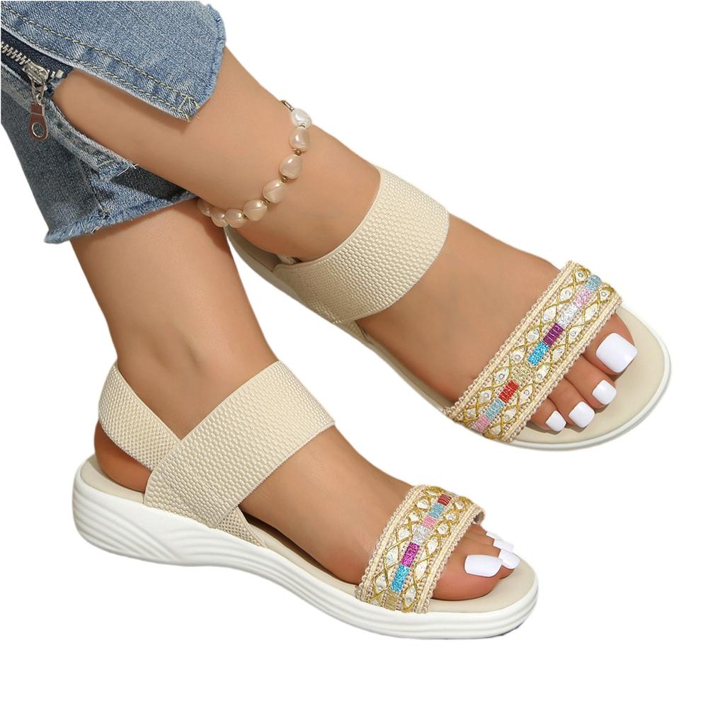 Women Elastic Band Open Toe Sandals Lightweight Casual Summer Shoes Slip On Flat Sole Breathable Soft Comfortable Footwear
