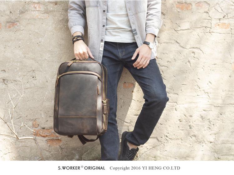 Retro Casual Crazy Horse Leather Double Shoulder Backpack, Genuine First Layer Cowhide for Men.