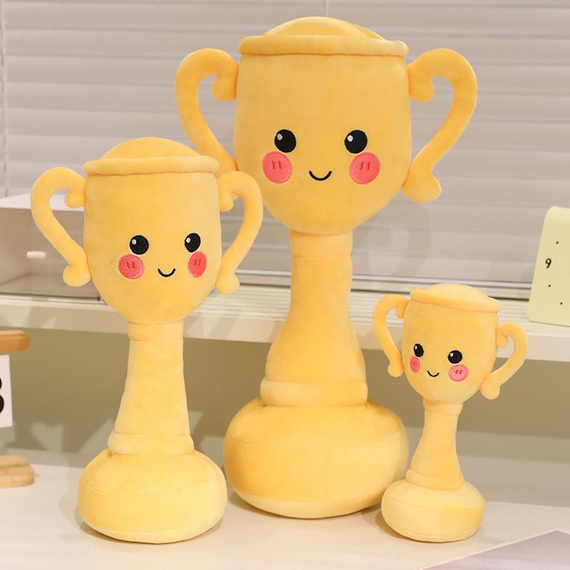 Amusing Lifelike Champion Award Cup Plush Toys Stuffed Smile Cartoon Trophy Doll Funny Children Game Props Kawaii Home Decor