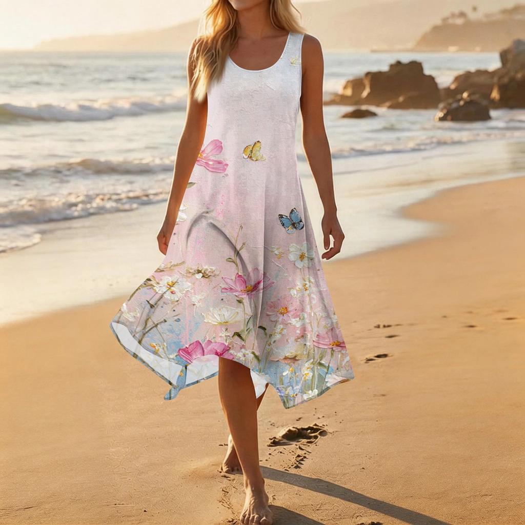 Women's Casual Sleeveless Floral Print Dress with Round Neck and Asymmetrical Hem Mid-Length Summer Dress for Daily Wear