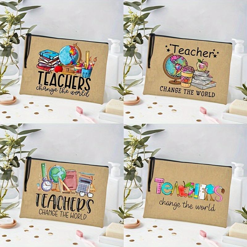 1pc "Teacher Change The World" Printed Cosmetic Bag, Women Travel Makeup Storage Bag, Back To School Teacher Gift