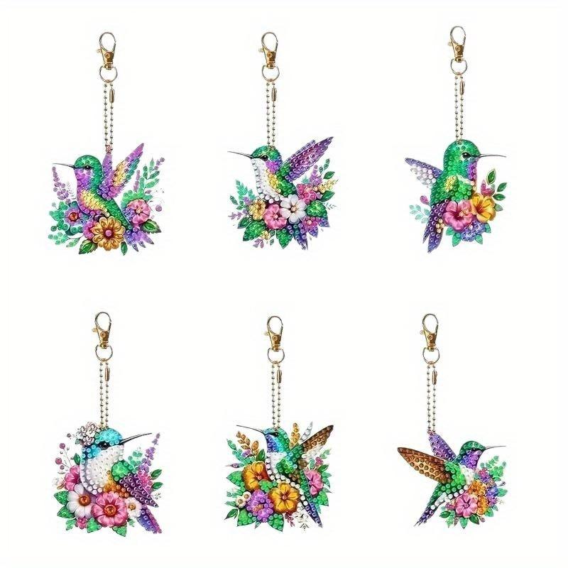 6Pcs Colorful Bird Double-Sided Rhinestone Acrylic Diamond Painting Set DIY Keychain