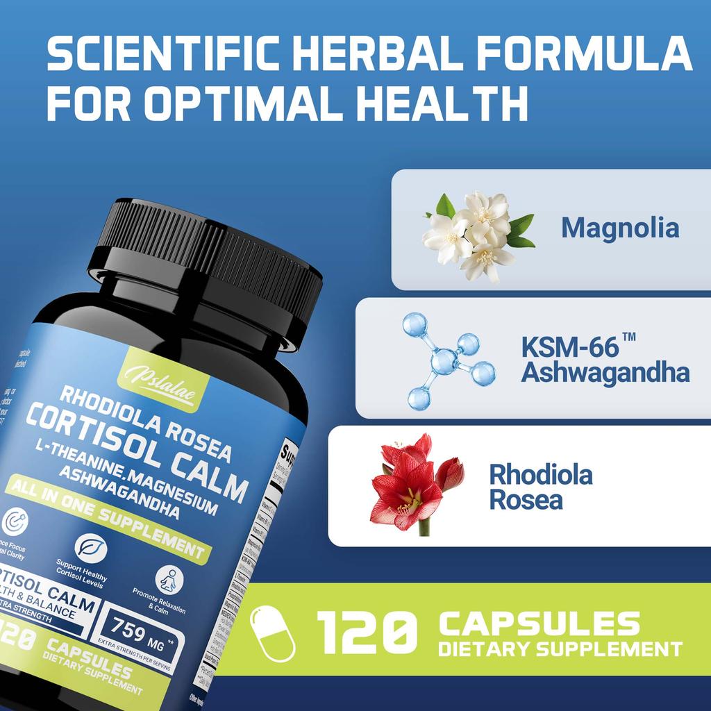 Suplemento para Gerenciamento de Cortisol com Magnésio, Ashwagandha e Teanina - Auxilia no Relaxamento, Cortisol e Foco - 120 Cápsulas