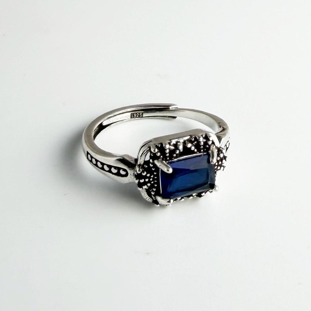 925 Sterling Silver Rings For Women Geometric Fine Jewelry Finger Adjustable Vintage Blue Stone Ring For Party Birthday Gift