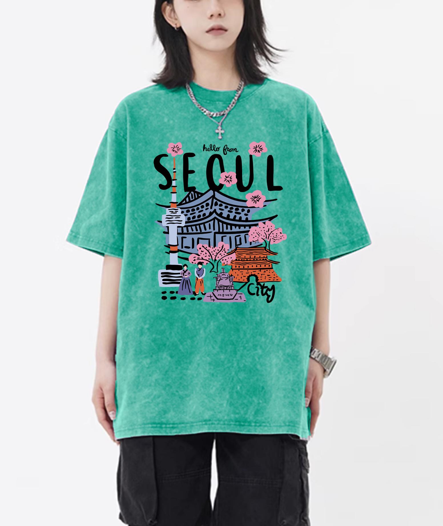 

Seoul Beautiful Scenery Printed Washed T-Shirt Female Breathable New Cotton Cool Tee Shirt Summer Snow Wash Clothing Unisex 4XL