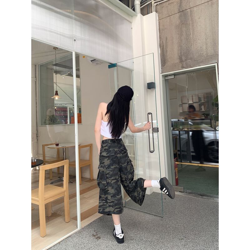 Kumikumi American Camouflage High Waist Cargo Jeans Women's Autumn Retro Washed Straight-leg Cropped Pants Loose Pants