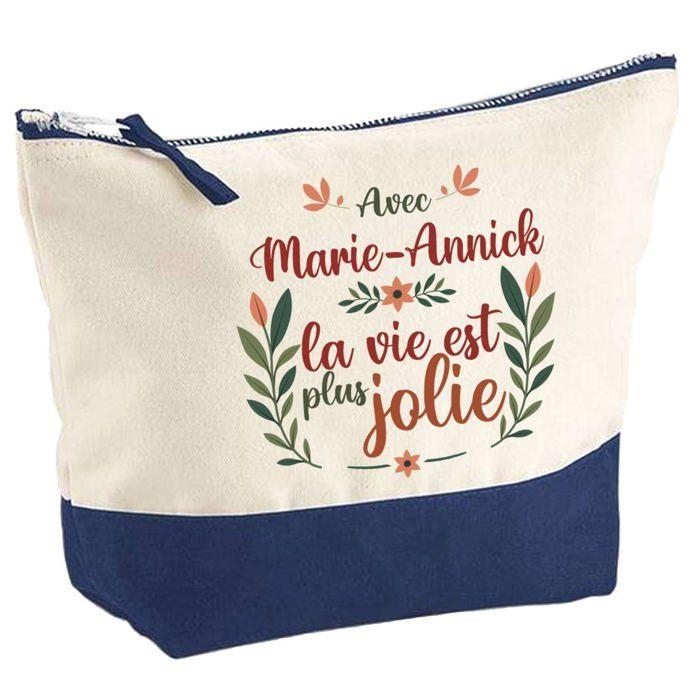 Trousse de maquillage - PLANETEE - Pochette fond bleu «Marie-Annick la vie est plus jolie» - Grand format - Coton - Impression HD