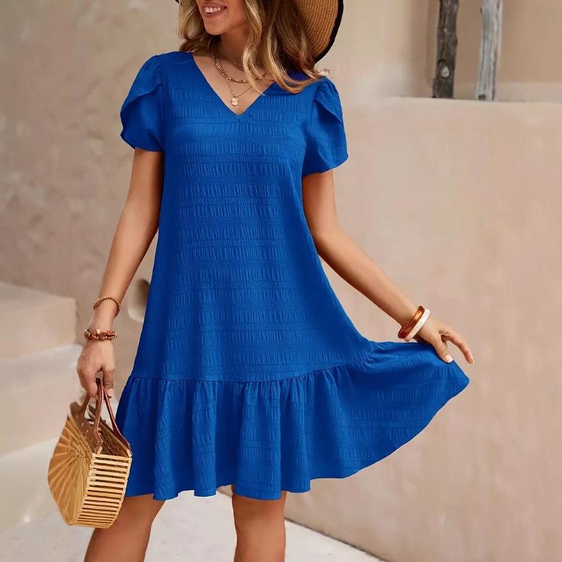 V-neck solid color loose dress casual short-sleeved dress