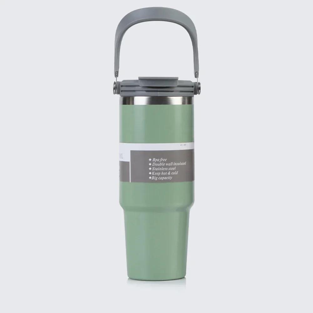 

890 мл Портативная автомобильная кружка из нержавеющей стали, термос-кружка с соломинкой, дорожная спортивная бутылка для воды с ручкой и чехлом, вакуумная фляга для кофе 890ml зелёный