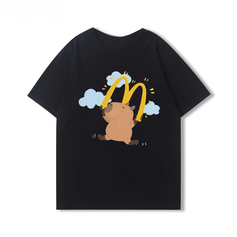 2025 Cute Capybara Capibara Coffee Chips Cartoon Peripheral Short Sleeve Men's and Women's Summer Cotton T-shirt Trend Tops Tee