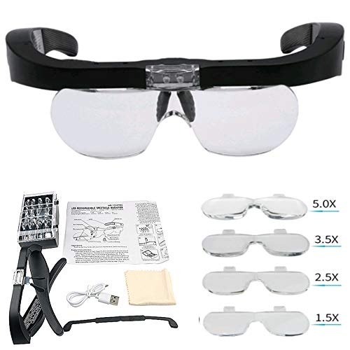 Meichoon Head-Mounted Magnifying Glasses, USB Rechargeable, with 2 LED Lights, 1.5X, 2.5X, 3.5X, 5X Adjustable Lenses, 4 Lenses for Close Work