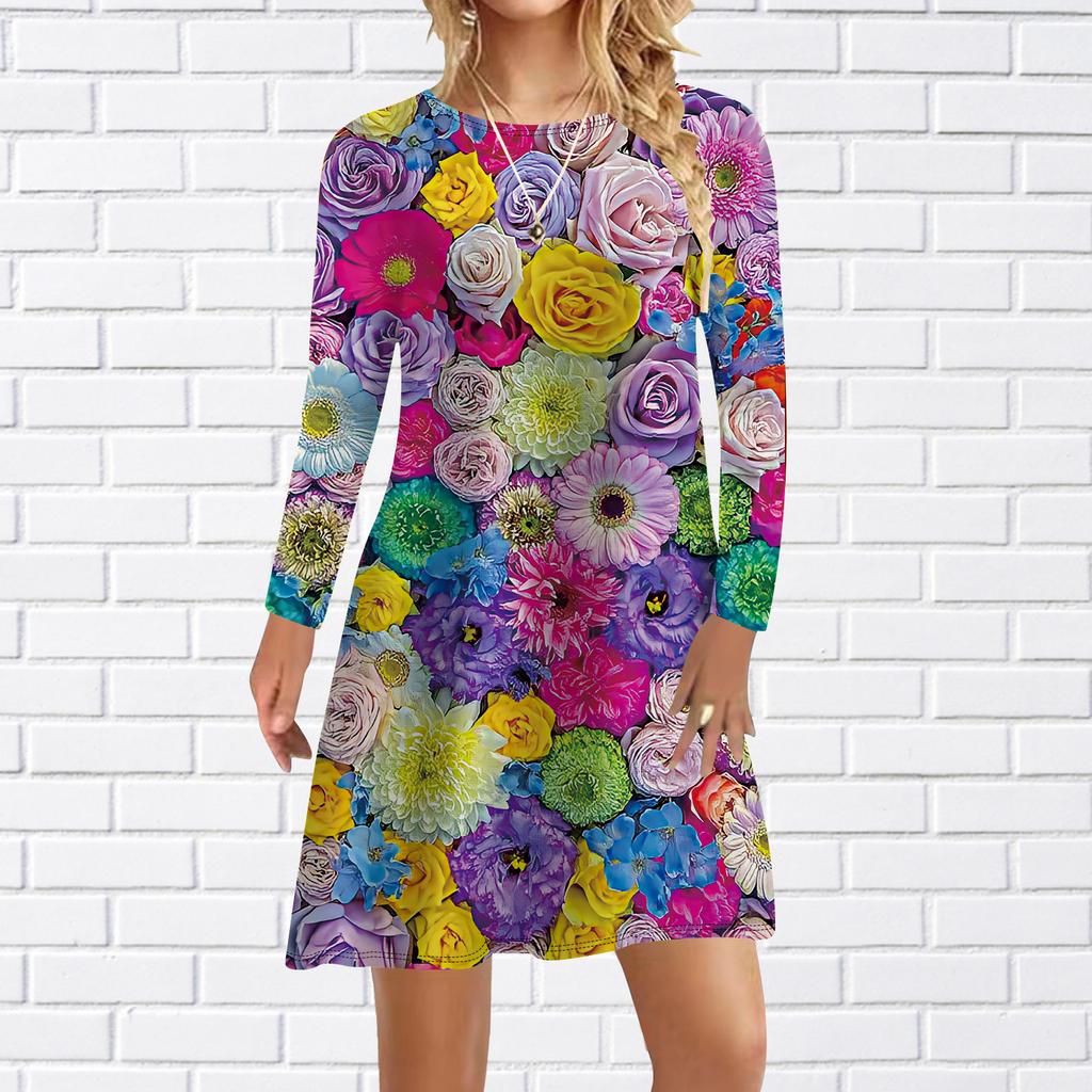 Damen Freizeitkleid Herbst Lila Lieblicher Blumenprint Kleider für Damen O-Ausschnitt Kurzarmkleid Übergröße