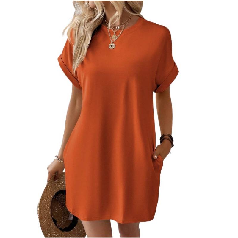 Women's Spring and Summer New Solid Color Round Neck Casual Breathable Loose Short Sleeve Pocket Dress