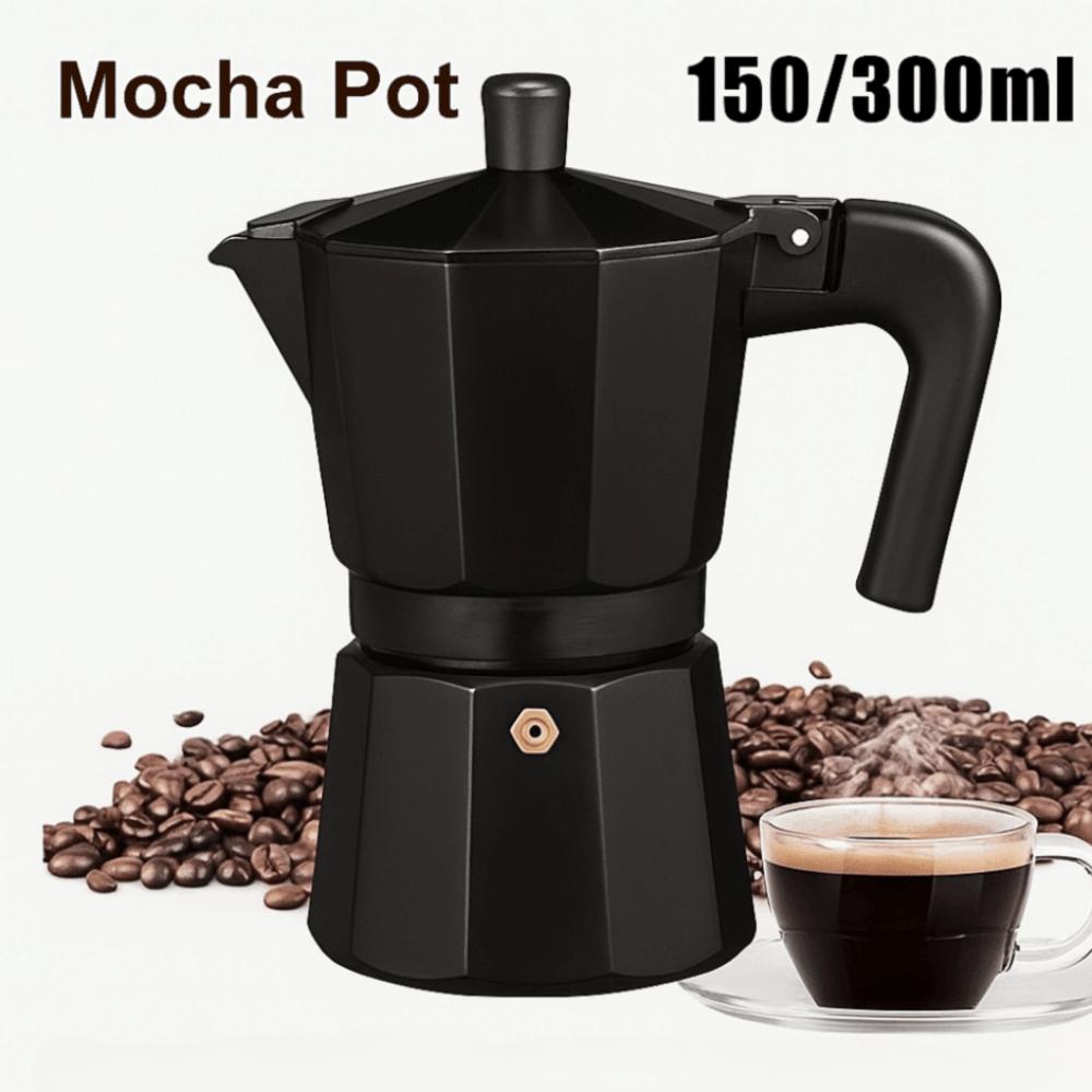 Classic Black Coffee Maker Moka Pot Aluminum with Handle Espresso Kettle Octagonal 150ml/300ml Espresso Coffee Maker Home