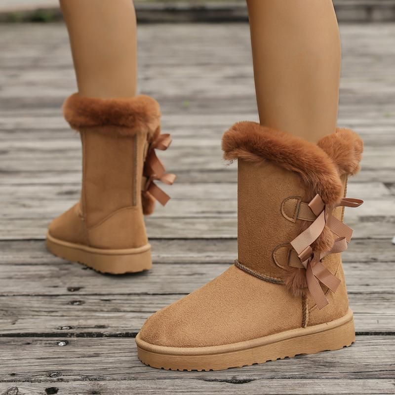 Fashion Sweet Bowknot Decoration Mid Calf Snow Boots Women 2025 Winter Round Toe Thick Bottom Fur Boots Warmshort Plush Non Slip Botas