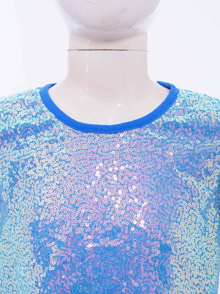 Girls Shiny Sequins Round Neck Short Sleeve T Shirt Cheerleading Dance Performance Stage Party Top