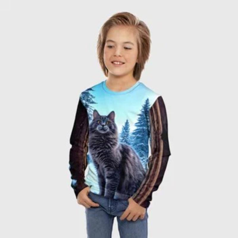 Children's Cartoon Cat Printed T-shirt Boys Cute Long Sleeved Soft Comfortable Top