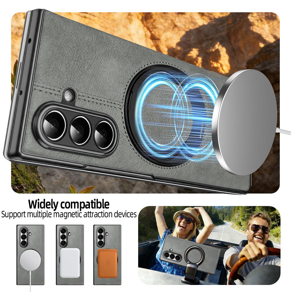 Faux Leather Flip Full Cover Phone Case For Galaxy Z Fold 8 Ultra 7 6 With Rotatable Ring Kickstand Holder, Wireless Charging